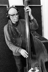 portrait black and white shot with upright bass